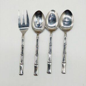 Lifetime IC Stainless 3 Serving Spoons 1 Fork 7 3/4" Bamboo Flat Handle Japan